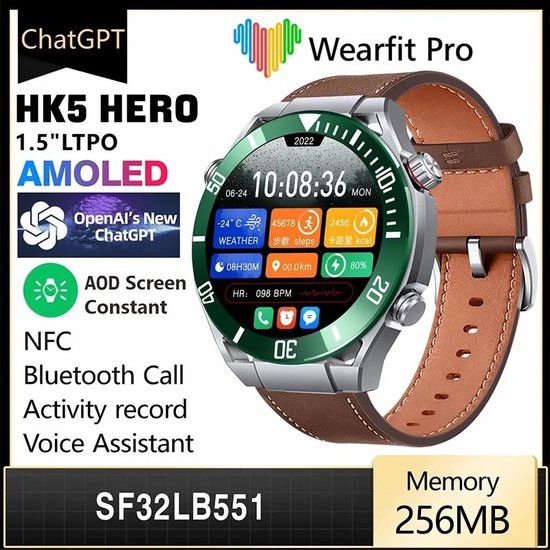 2024 Nieuwe ChatGPT OpenAI Horloge Ultieme Smartwatch Hk5 Hero 1.5Inch Amoled Kompas Nfc Bt Call Gps Tracker Gezondheid Sport Monitor Draadloos Opladen