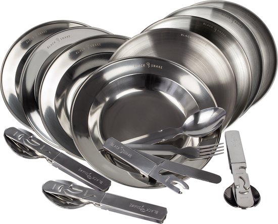 Black Snake Roestvrijstalen campingservies plat bord, diep bord, bestek