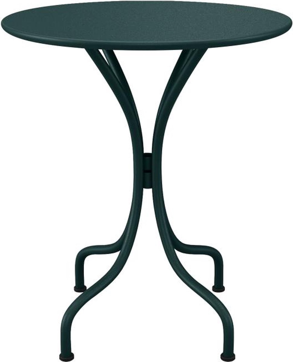 Metalen ronde tuintafel in spargroen, afmetingen L 60 cm x H 70 cm x D 60 cm.