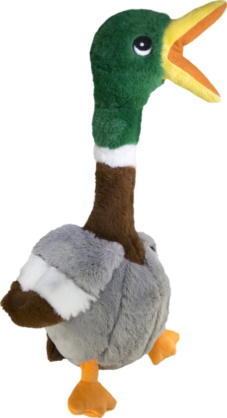 Zachte eend speelgoed met groene kop, oranje bek, bruine en grijze vacht.