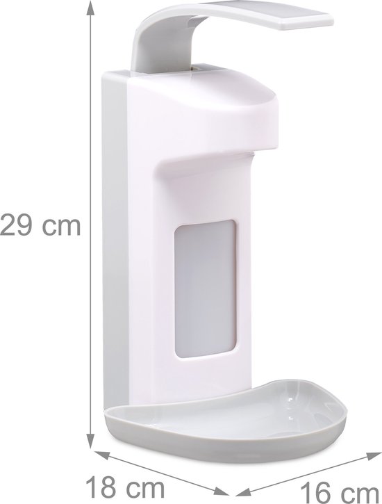 Witte zeepdispenser met opvangbakje, met afmetingen: 29 cm hoog, 18 cm breed, 16 cm diep.
