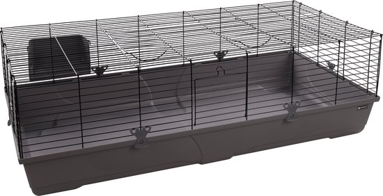 Grijze kooi met zwarte tralies, voorzien van een zwarte voerbak aan de linkerkant.