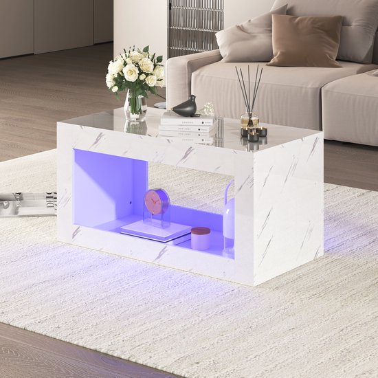 Witte hoogglans salontafel - imitatiemarmeren tafel met open opbergruimte - LED-lichteffecten bestuurbaar via mobiele app
