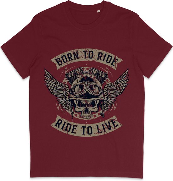 Heren en Dames T Shirt - Motorrijder - Born To Ride - Bordeaux Rood - M