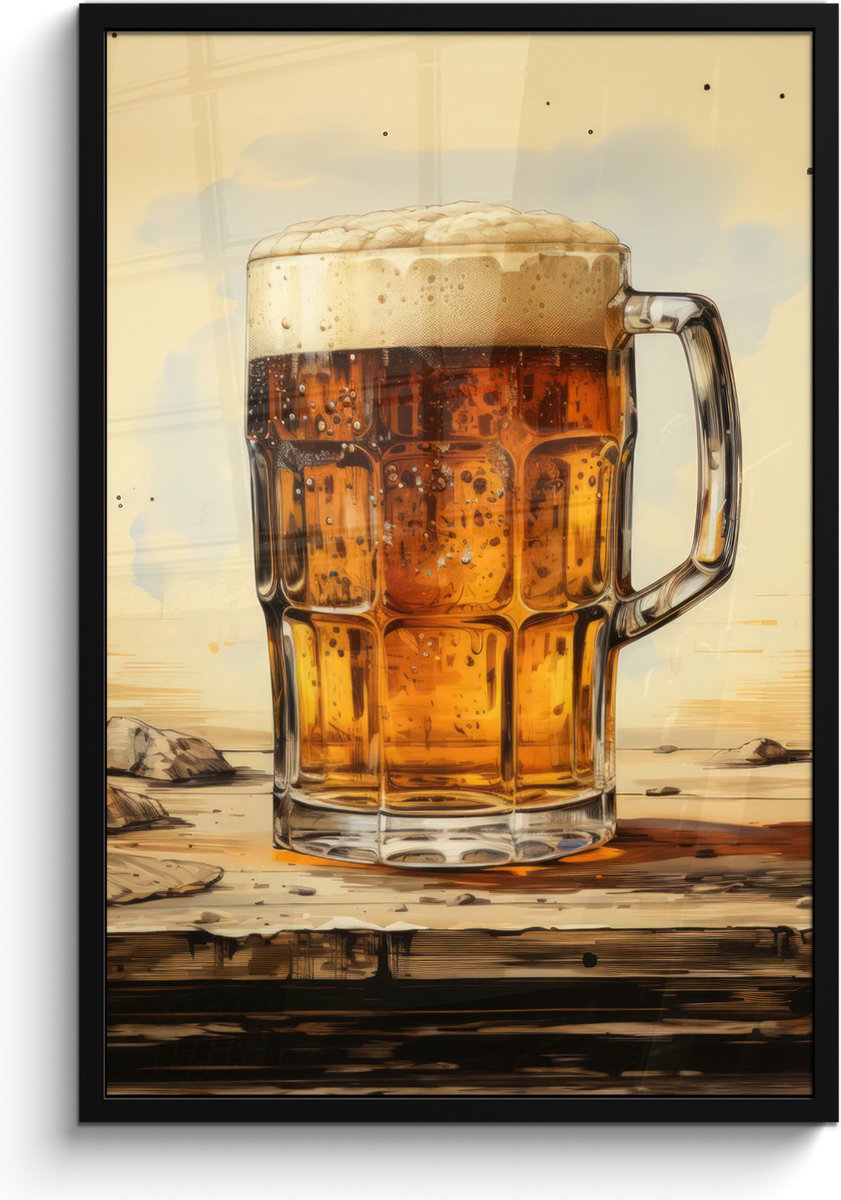 FrameYourWall Poster in lijst - Fotolijst 60x90 cm - Posters - Vintage - Bier - Pul - Hout - Tafel - Drinken - Posterlijst zwart - Decoratie - Wanddecoratie woonkamer - Muurdecoratie slaapkamer