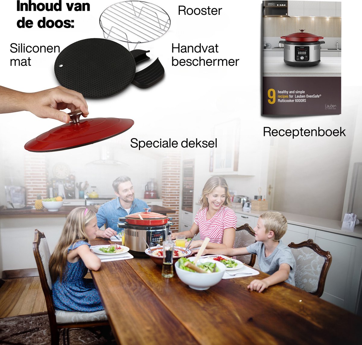 Lauben Multicooker - Snelkookpan - Slowcooker - Snelkookpan 6 liter - Slowcooker met timer - OvenSafe® - 6 Liter - 1500W - Rood/Zilver – foto 4