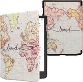 kwmobile hoes geschikt voor Pocketbook InkPad Color 3 - Magnetische sluiting - E reader cover in zwart / meerkleurig - Travel Wereldkaart design