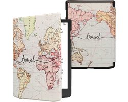 kwmobile e-reader hoesje geschikt voor Pocketbook InkPad 4/Color 3/2 / Vivlio InkPad 4/Color 3 hoes - E reader flip case met magnetische sluiting - Ereader cover - Travel Wereldkaart design in zwart / meerkleurig