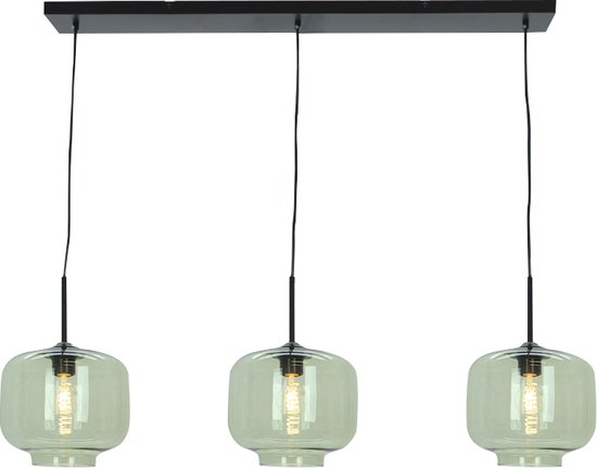 Olucia Anniek - Retro Hanglamp - 3L - Metaal/Glas - Groen;Zwart - Rechthoek