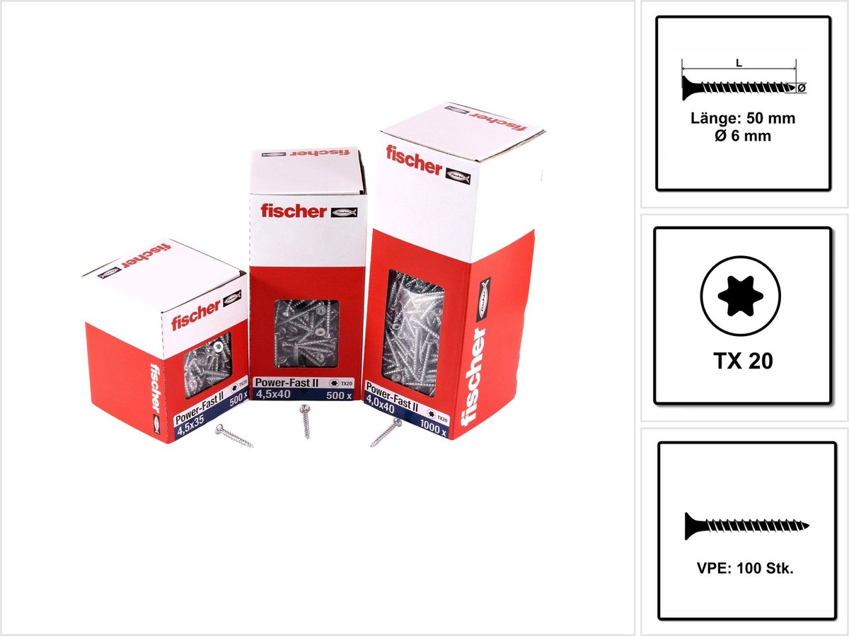 Fischer 100x Power-Fast II FPF II CTF 6 x 50 mm BC verzonken kop met binnenster TX30 volle schroefdraad galvanisch verzinkt blauw gepassiveerd - 670452