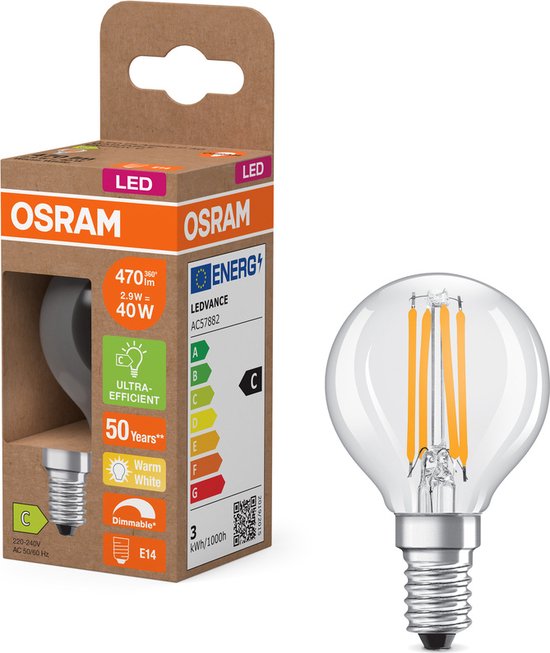 OSRAM 4099854066252 LED-lamp Energielabel C (A - G) E14 Globe (mini) 2.9 W = 40 W Warmwit (Ø x h) 45 mm x 45 mm Dimbaar 1 stuk(s)