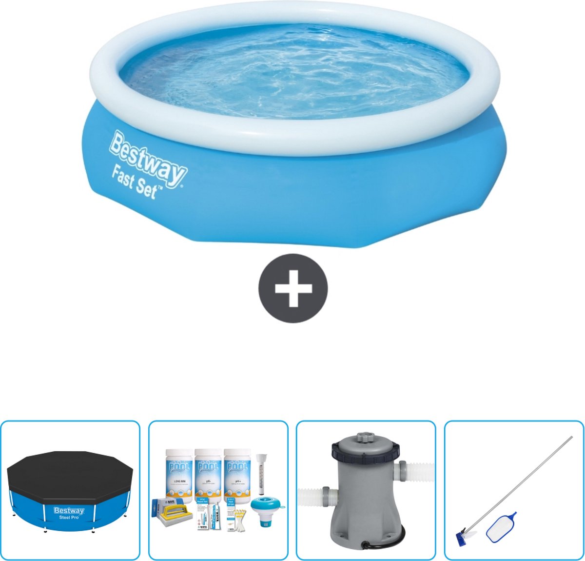 Bestway Fast Set Bestway Rond Opblaasbaar Fast Set Zwembad 305 x 76 cm Blauw Inclusief Afdekzeil Onderhoudspakket Pomp Schoonmaakset