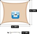 Beige rechthoekig schaduwdoek 2x1,5m, met 4x 1,5m touwen en pictogrammen