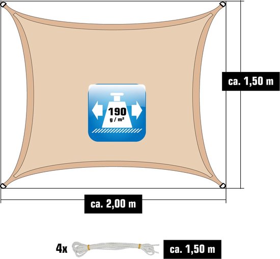 Beige rechthoekig schaduwdoek 2x1,5m, met 4x 1,5m touwen en pictogrammen