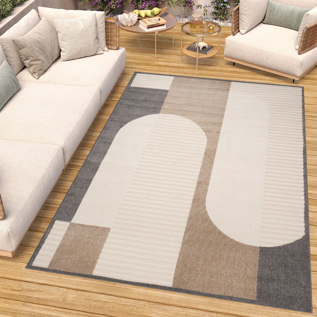 Tapiso Patio Vloerkleed Tuintapijt Outdoor Bruin Beige Buitenkleed Modern Maat- 140x200