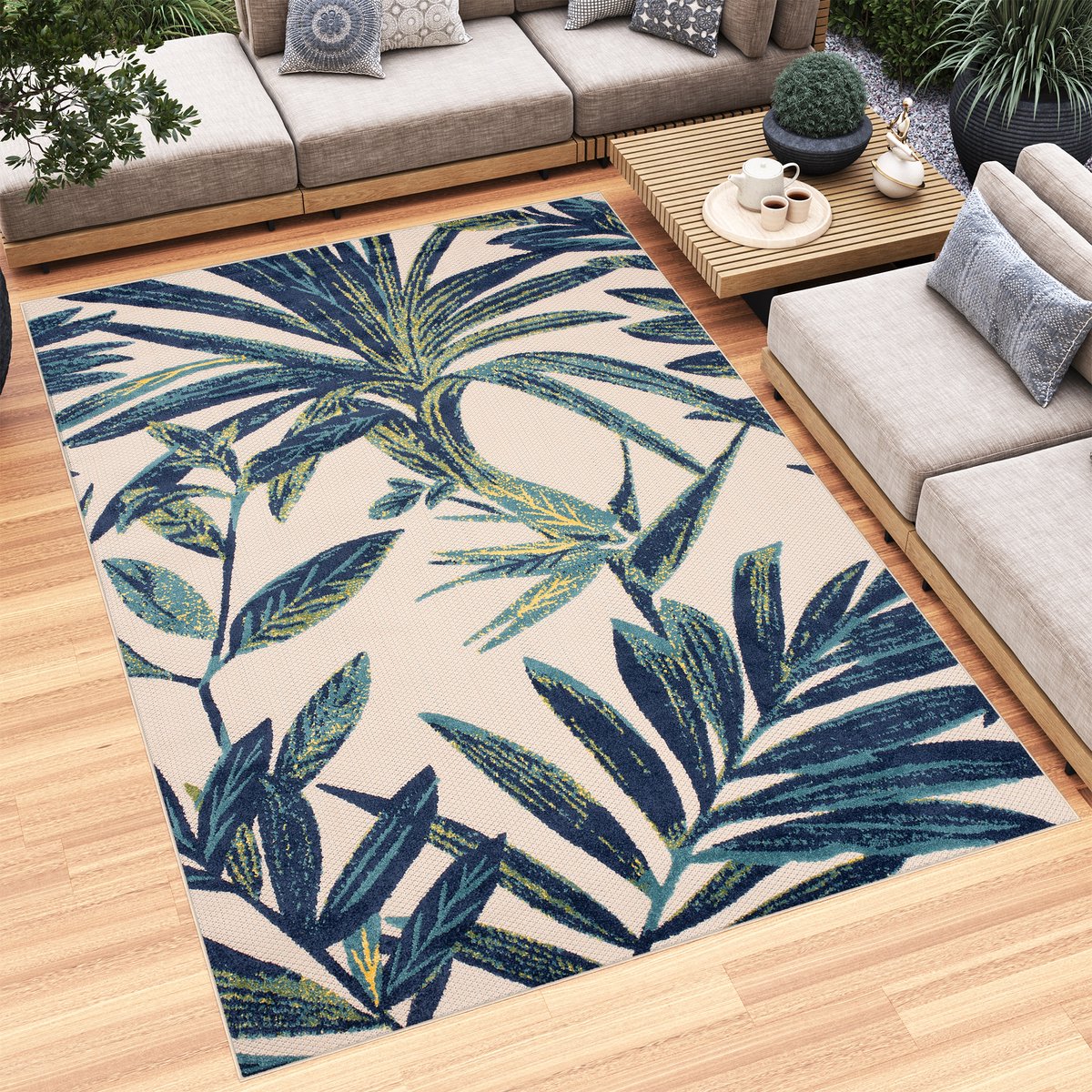 Tapiso Patio Indoor Tapijt Beige Blauw Tuintapijt Buitenkleed Planten Maat- 120x170