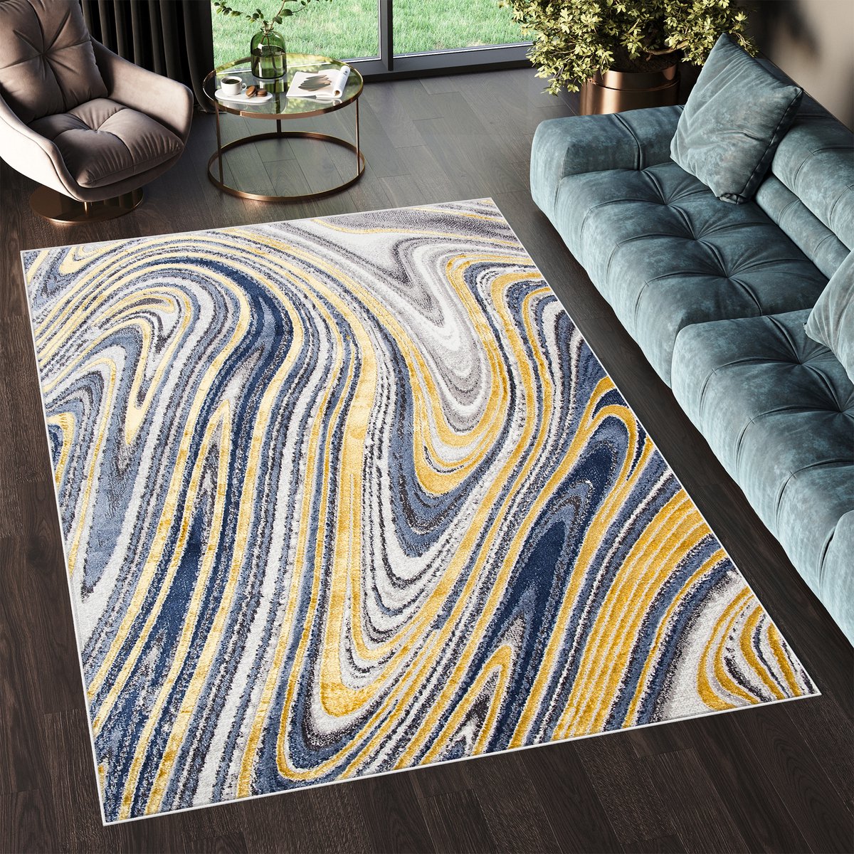 Tapiso Shine Vloerkleed Tapijt Abstract Slaapkamer Geel Maat- 120x170 Grijs Beige 2