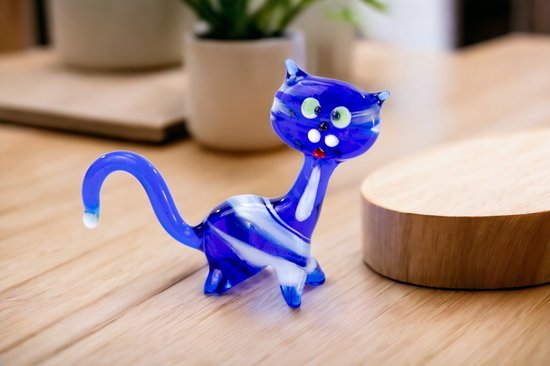 Kat van Glas Blauw - Glazen beeldjes decoratie - Glazen Dieren - Beeldjes decoratie - Garfield