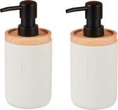 Berilo zeeppompje/dispenser Lotions - 2x - mat wit - polyresin/bamboe - 18 x 8 cm - 300 ml - badkamer/toilet/keuken