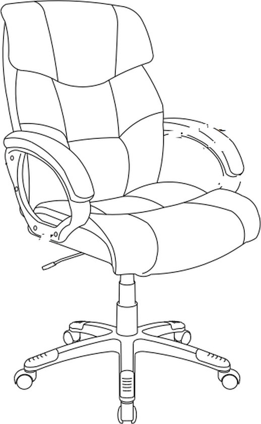 Croquis d'un fauteuil de direction noir avec assise, dossier, accoudoirs et roulettes rembourrés.