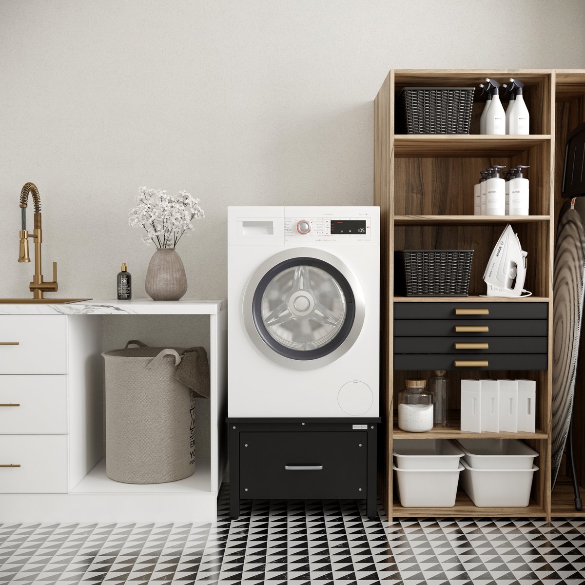 Wasophoogte® Wasmachine verhoger met lade - Wasmachine opbouwmeubel - Wasmachine sokkel - 42cm hoog - Zwart - Universeel - Inclusief Lekbak thumbnail 5
