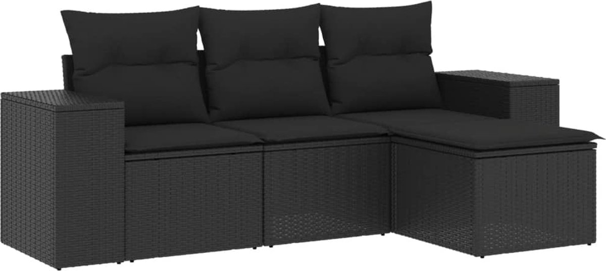 vidaXL 4-delige - Loungeset - met - kussens - poly - rattan - zwart