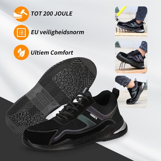 HLPGZL Veiligheidsschoenen voor dames, S3, lichte werkschoenen, stalen neus, luchtkussen, beschermende schoenen, ademend, sportieve werkschoenen, zwart, 46 EU