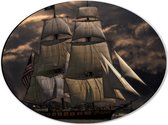 WallClassics - Dibond Ovaal - Groot Oud Zeilschip met Donkere Wolken - 40x30 cm Foto op Ovaal (Met Ophangsysteem)