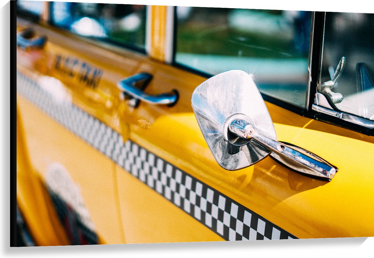 Canvas - Close-up van Spiegel aan Gele Schoolbus - 120x80 cm Foto op Canvas Schilderij (Wa