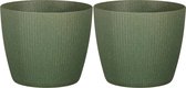 Mica Decorations - Plantenpot/bloempot - 2x - kunststof - donkergroen/ribbels- D22/H22 cm