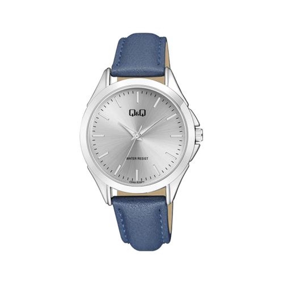 QQ C04A-020PY - Horloge - Analoog - Unisex - Leren band - Rond - Metaal - Streepjes - Donkerblauw - Zilverkleurig