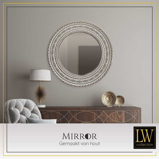 LW Collection wandspiegel bruin vintage rond 60x60 cm hout - grote spiegel muur - industrieel - woonkamer gang - badkamerspiegel - muurspiegel slaapkamer bruine rand - hangspiegel met luxe design