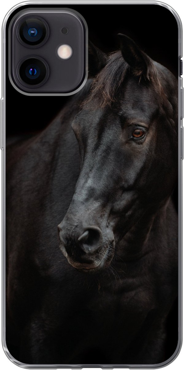 Telefoonhoesje Geschikt voor iPhone 12 hoesje - Paard - Licht - Zwart - Siliconen Telefoonhoesje Telefoonhoesje