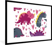 Poster in lijst voor kinderen - Wanddecoratie meisjes - Dino - Hart - Patronen - Roze - Meisjes - Dinosaurus - Decoratie voor kinderkamers - 80x60 cm - Poster kinderkamer