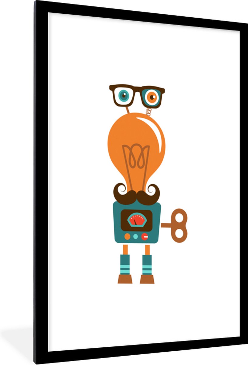 Poster in lijst - Fotolijst 60x90 cm - Posters - Robot - Bril - Gloeilamp - Snor - Kindere