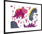 Poster in lijst voor kinderen - Wanddecoratie meisjes - Dino - Hart - Patronen - Roze - Meisjes - Dinosaurus - Decoratie voor kinderkamers - 120x80 cm - Poster kinderkamer