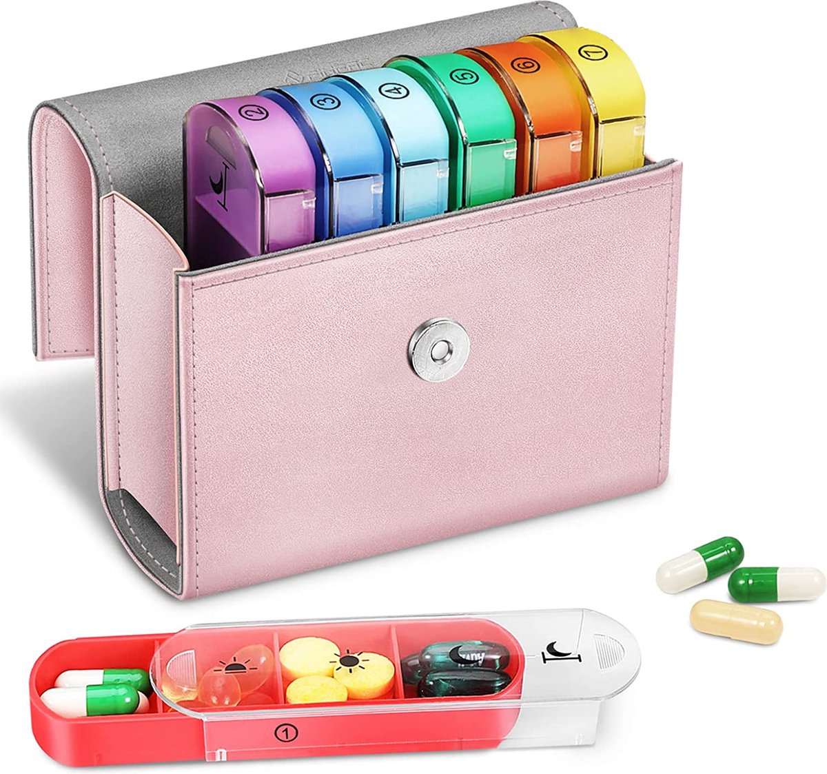 Tablettenbox 7 dagen 4 vakken - pillendoos 4 keer per dag met kunstleren tas en naamkaart medicijnbox voor pillen, vitamine visolie voor 's ochtends 's middags, 's avonds, roségoud