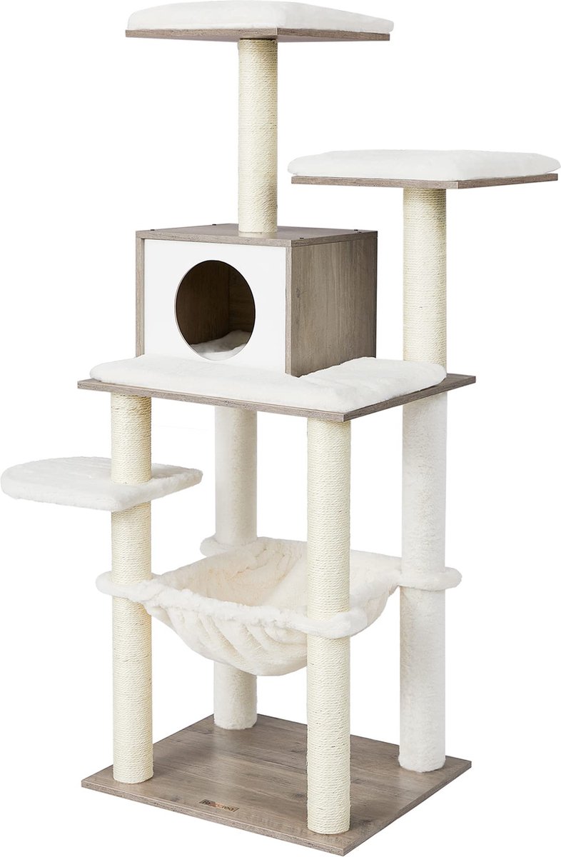FEANDREA Greige PCT164G01 Krabpaal, 138 cm kattenboom, modern, kattenmeubel, kattenkrabpaal met meerdere verdiepingen, knuffelhol, sisalstammen, hangmat, platforms, zacht pluche, wasbaar kussen