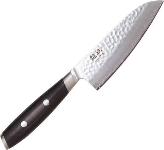 Yaxell Japonais - Série Tsuchimon - Couteau de Chef Santoku - Acier VG10 - 61 HRC - Lame 12,5 cm - 3 Couches d'Acier Damas - Manche Toile-Micarta