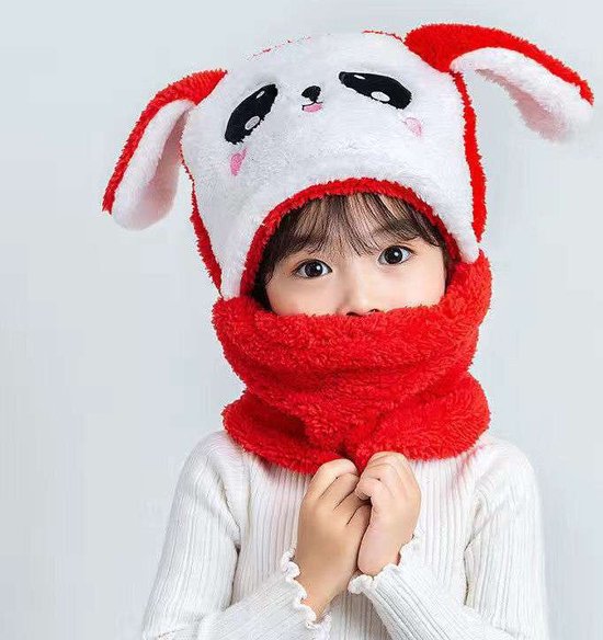 Wintermuts voor kinderen-Kinder Wintermuts-Bonnet Winter Muts Met Nekwarmer-hoeden met schattig decoratieve oortjes bovenop-Gevoerd met fleece- Maat 4-10 Jaar - Rood en Wit