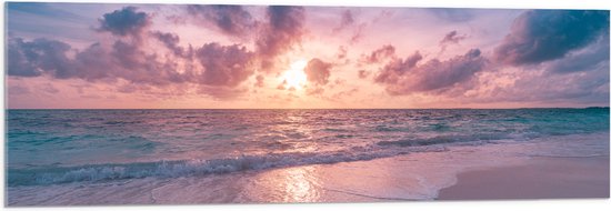 Acrylglas - Kalme Golven bij het Strand met Zonsondergang - 120x40 cm Foto op Acrylglas (Met Ophangsysteem)