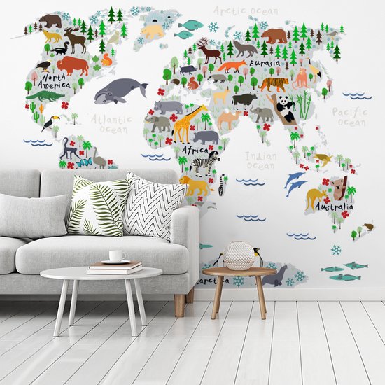 Papier peint - Papiers Papier peint photo Wereldkaart - Enfants - Animaux - Plantes - Largeur 375 cm x Hauteur 280 cm