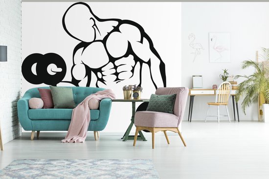 Papier peint photo vinyle - Une illustration d'un bodybuilder avec des poids largeur 315 cm x hauteur 260 cm - Tirage photo sur papier peint (disponible en 7 tailles)