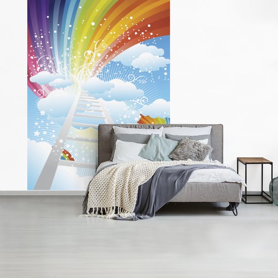 Papier peint photo vinyle - Une illustration d'un escalier entouré de nuages et d'arcs-en-ciel largeur 195 cm x hauteur 260 cm - Tirage photo sur papier peint (disponible en 7 tailles)