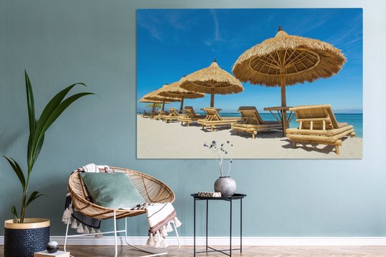 Canvas schilderij 150x100 cm - Wanddecoratie Strandstoel - Strand - Parasol - Zee - Zomer - Muurdecoratie woonkamer - Slaapkamer decoratie - Kamer accessoires - Schilderijen