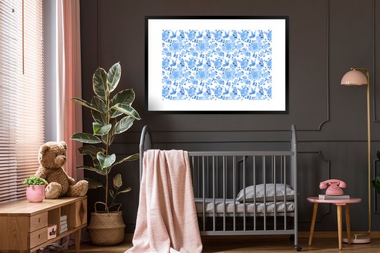 Poster in lijst - Fotolijst 120x80 cm - Posters - Bloemen - Patroon - Blauw - Posterlijst zwart - Decoratie - Wanddecoratie woonkamer - Muurdecoratie slaapkamer