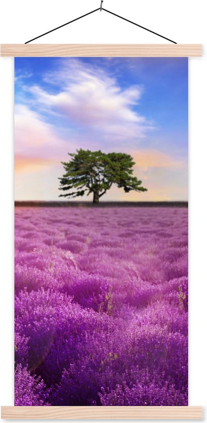 Posterhanger incl. Poster 90x180 cm - Schoolplaat - Lavendel - Boom - Zonsondergang - Paars - Textielposter - Blanke latten