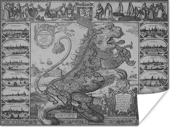 Poster Zwart wit landkaart van Nederland in de vorm van een leeuw - 80x60 cm