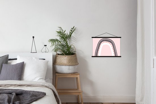 Posterhanger incl. Poster 60x40 cm - Schoolplaat - Regenboog - Minimalisme - Roze - Textielposter - Zwarte latten