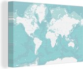 Canvas Wereldkaart - 30x20 - Wanddecoratie Wereldkaart - Blauw - Topografie - Kids - Jongens - Meisjes